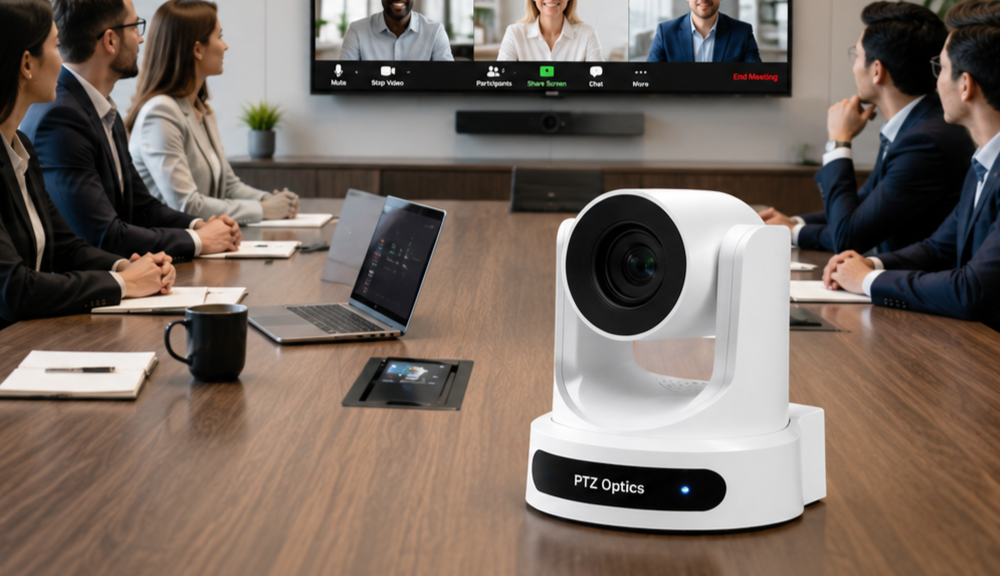 Corporate meeting room AV solution architecture diagram with PTZOptics and Blackmagic Design